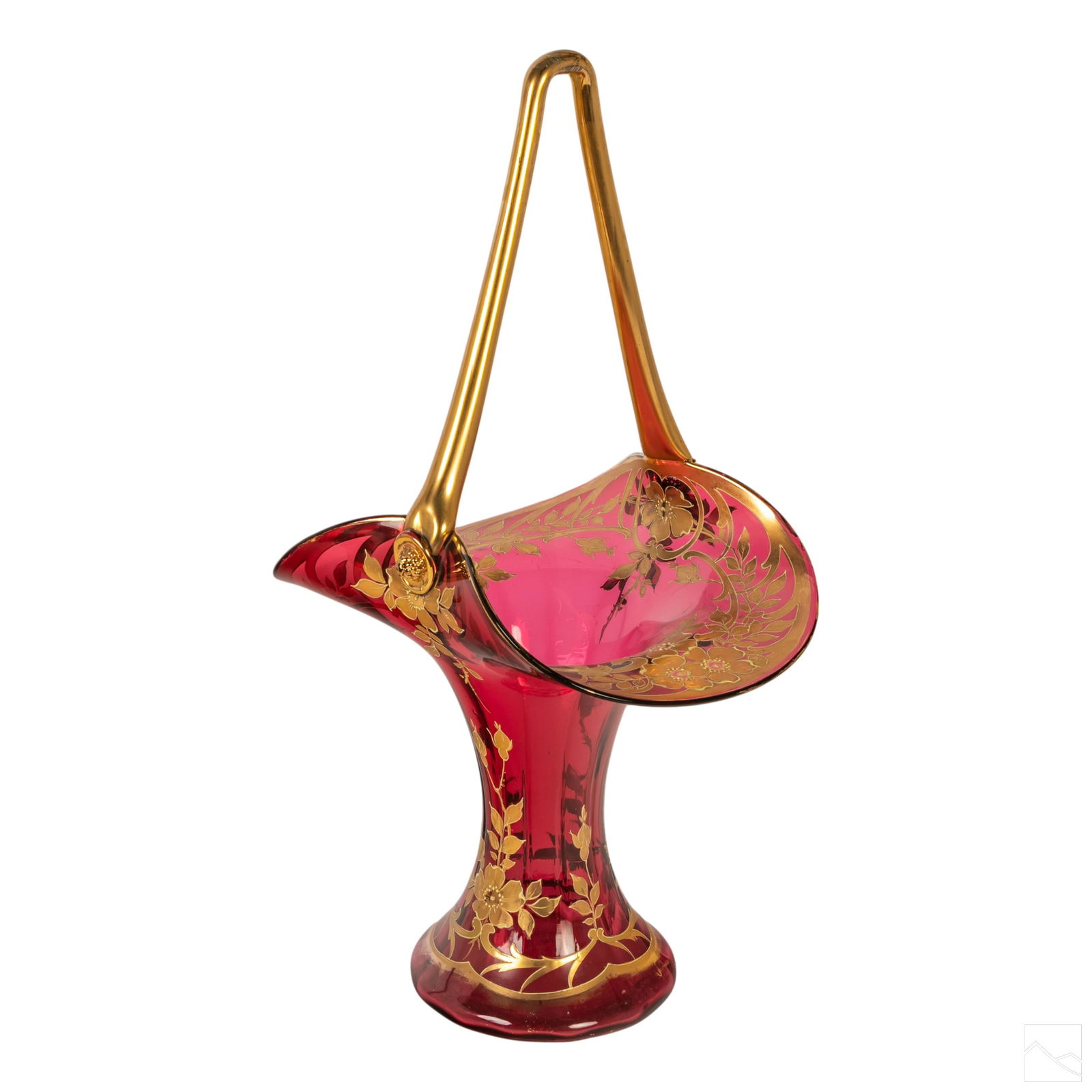 Bohemian Czech Antique Gilt Cranberry Glass Basket: Early Bohemian Czechoslovakian cranberry glass basket with profuse raised hand painted gold enamel flora, garlands, and vines. This style basket, resembling Byzantine enameled glass, became popular du