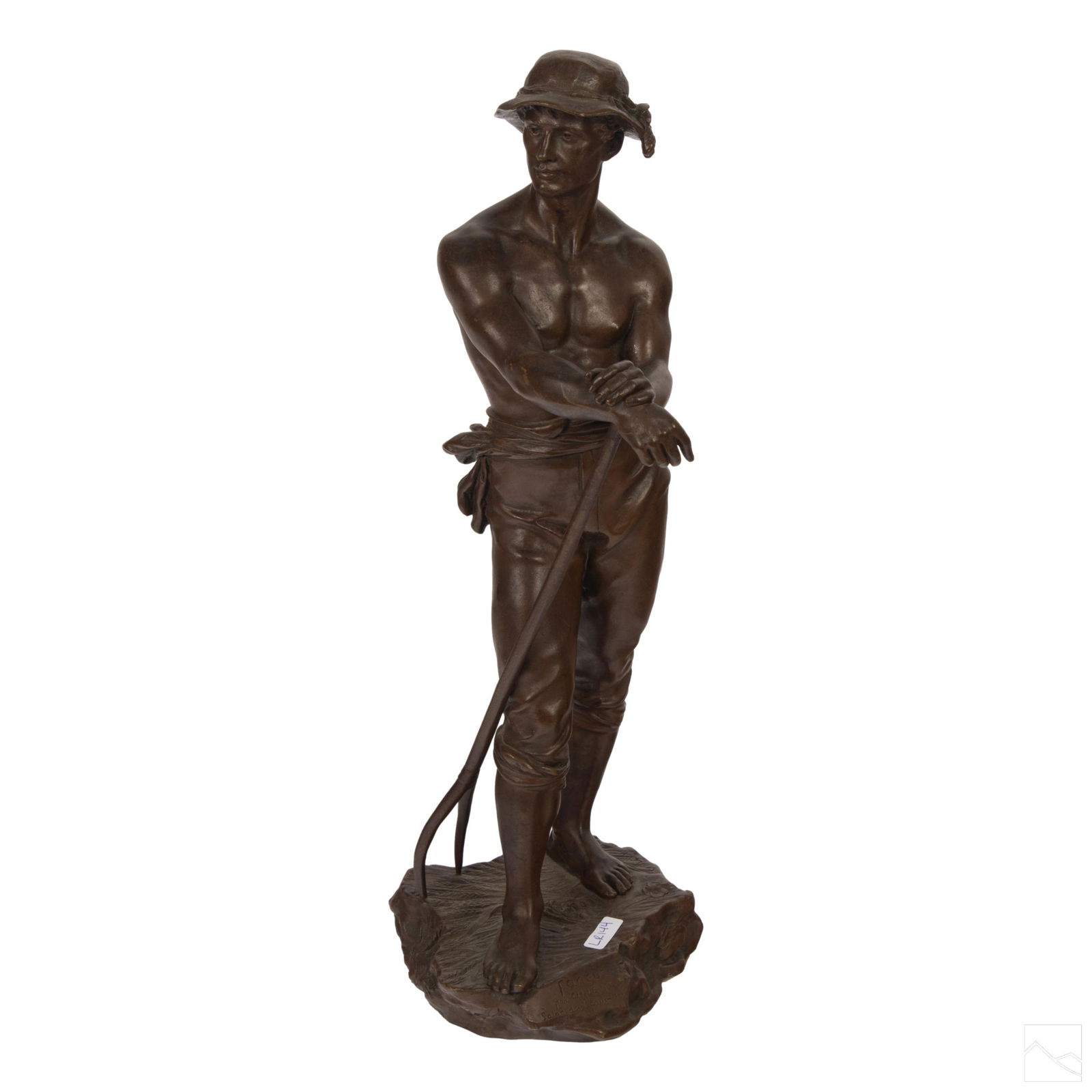 Charles Levy 1820-1899 Bronze Semi Nude Sculpture: Charles Octave Levy (French, 1820-1899). A semi nude bronze sculpture titled, "Faneur". Features a bare chested, barefooted farmer standing on a textured base. Engraved Ch. Levy on base. SHIPPINGHill