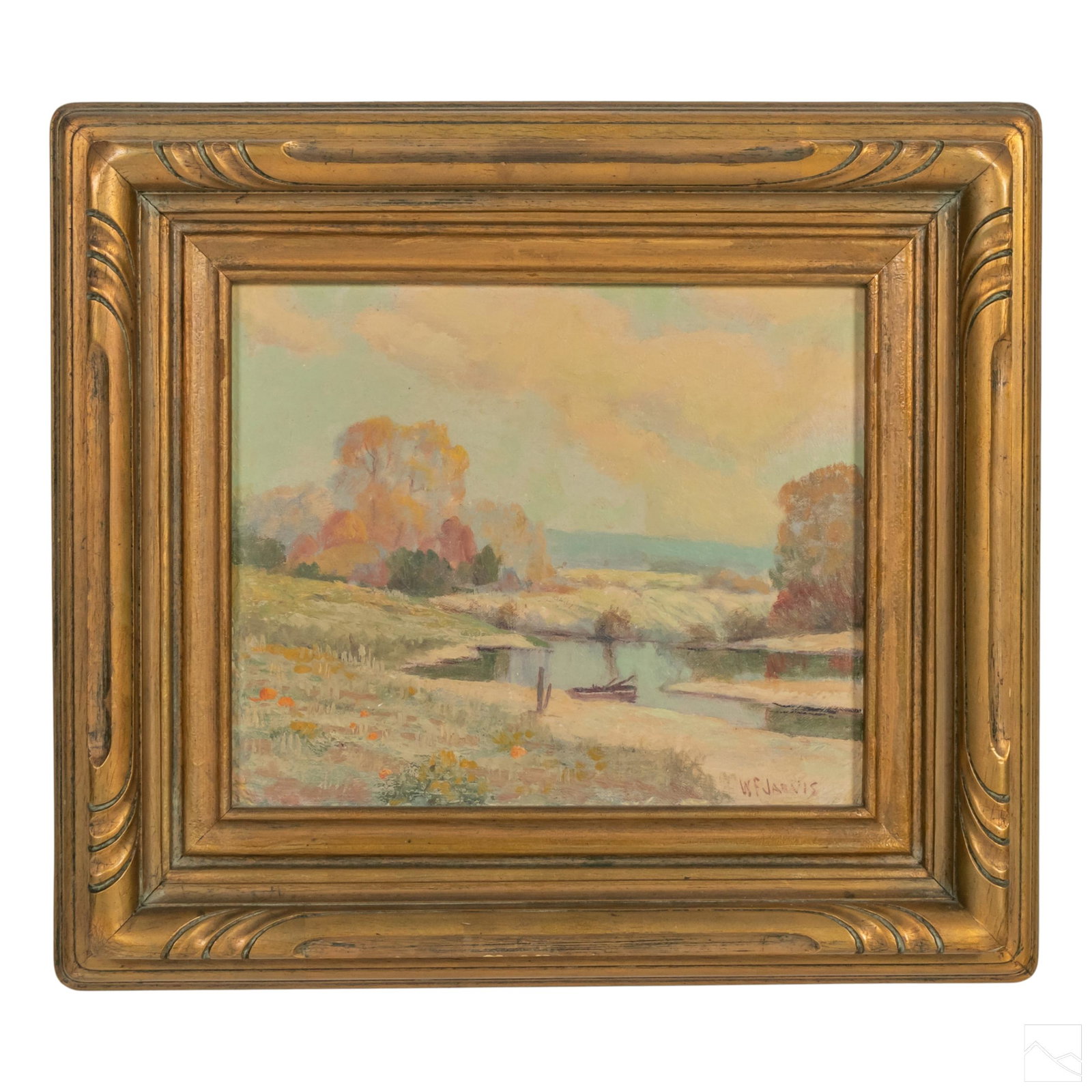 W. Frederick Jarvis (1898-1966) Landscape Painting: William Frederick Jarvis (American, 1868-1966). Original oil painting on board. A fall landscape with snow on the ground, yellow and red blooming trees and a canoe pulled upon the shore. Artist signat