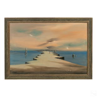 John Stancin (1916-1988) Surreal Seascape Painting: John J Stancin (American French, 1916-1988). Original sofa size oil painting on canvas. A Surrealist scene with figures walking along a white iced pathway over a glacier floating body of water. Artist