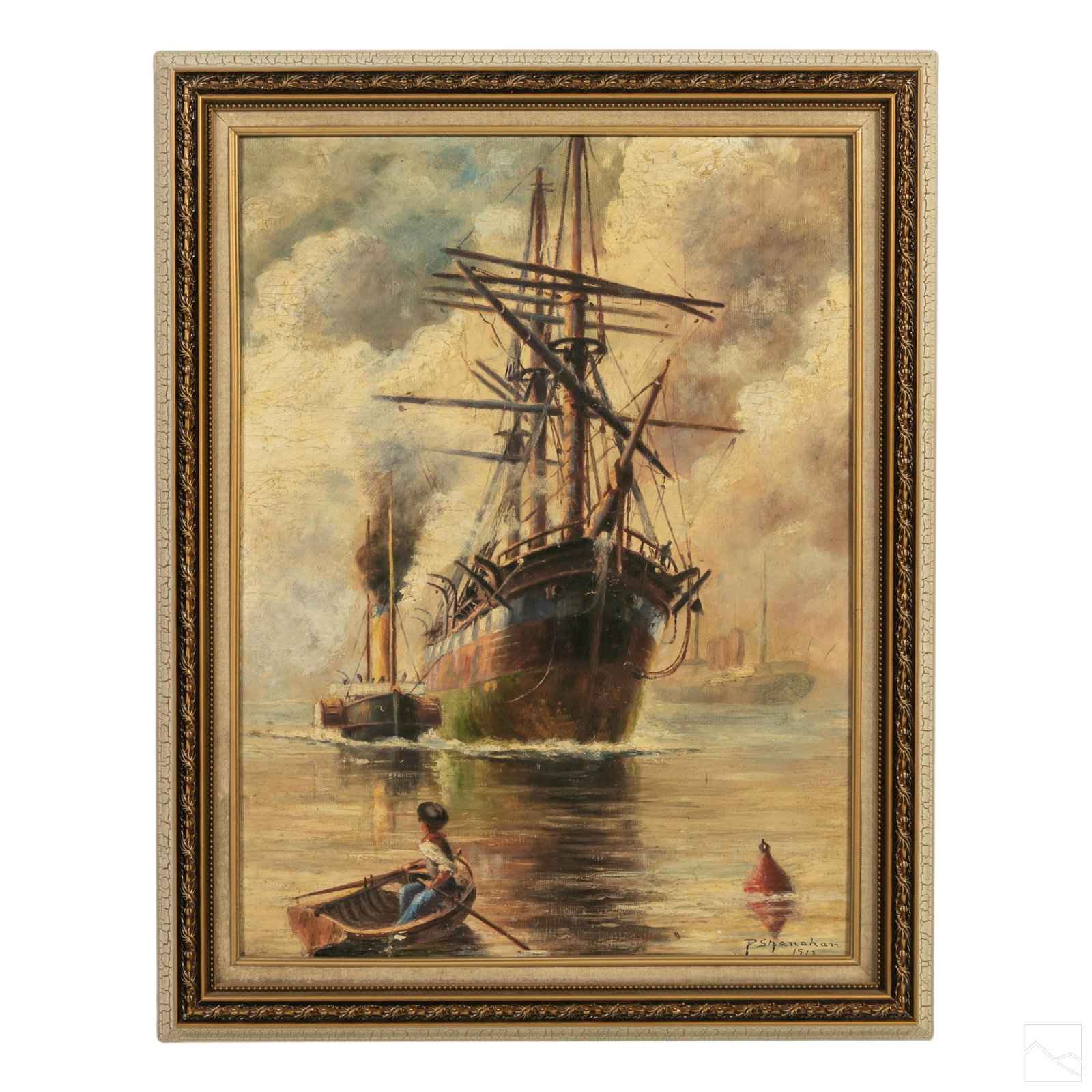 Ray P. Shanahan (1892-1935) Ships Seascape Painting: Ray P. Shanahan (American, 1892-1935). Original antique Edwardian Titanic era tall mast ship oil painting on board. Depicts two boats in a scenic ocean setting. Artist signature lower right and dated 