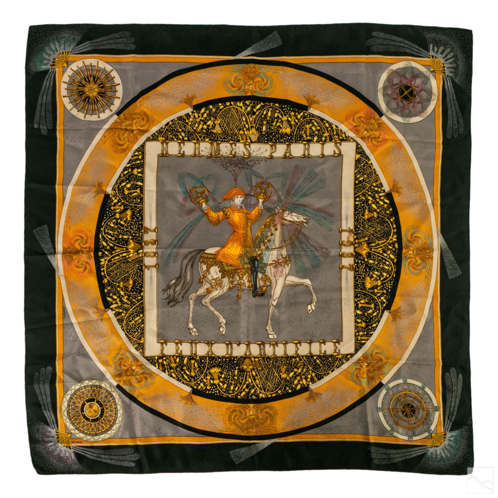 Hermes Paris Michel Duchene Fireworks Silk Scarf: Vintage Hermes Paris silk scarf. Titled "Feux d' Artifice" by Michel Duchene, created to celebrate Hermes 150th Anniversary. Depicts a lone horseman on a steed surrounded by gold and black designs. SH