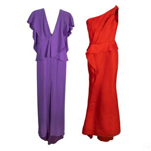 Angel Sanchez Designer Evening Gown Dresses, Small: Two runway couture evening gown dresses by Angel Sanchez (Venezuelan designer , born 1960). Includes (1) purple floor length evening gown. Features flowing overlaps of fabric, sleeveless and V neck.