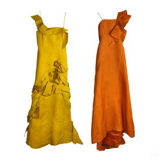 Angel Sanchez Designer Evening Gown Dresses, Small: Two runway couture evening gown dresses by Angel Sanchez (Venezuelan designer , born 1960). Includes (1) floor length mustard yellow evening gown. Size 4, 100% silk. Features flowing overlaps of fabri