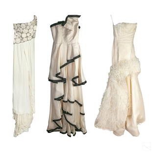 Angel Sanchez Designer Evening Gown Dresses, Small: This lot features three (3) runway couture evening gown dresses by Angel Sanchez (Venezuelan designer, born 1960). Includes (1) floor length white strapless evening gown. Features flowing white feathe