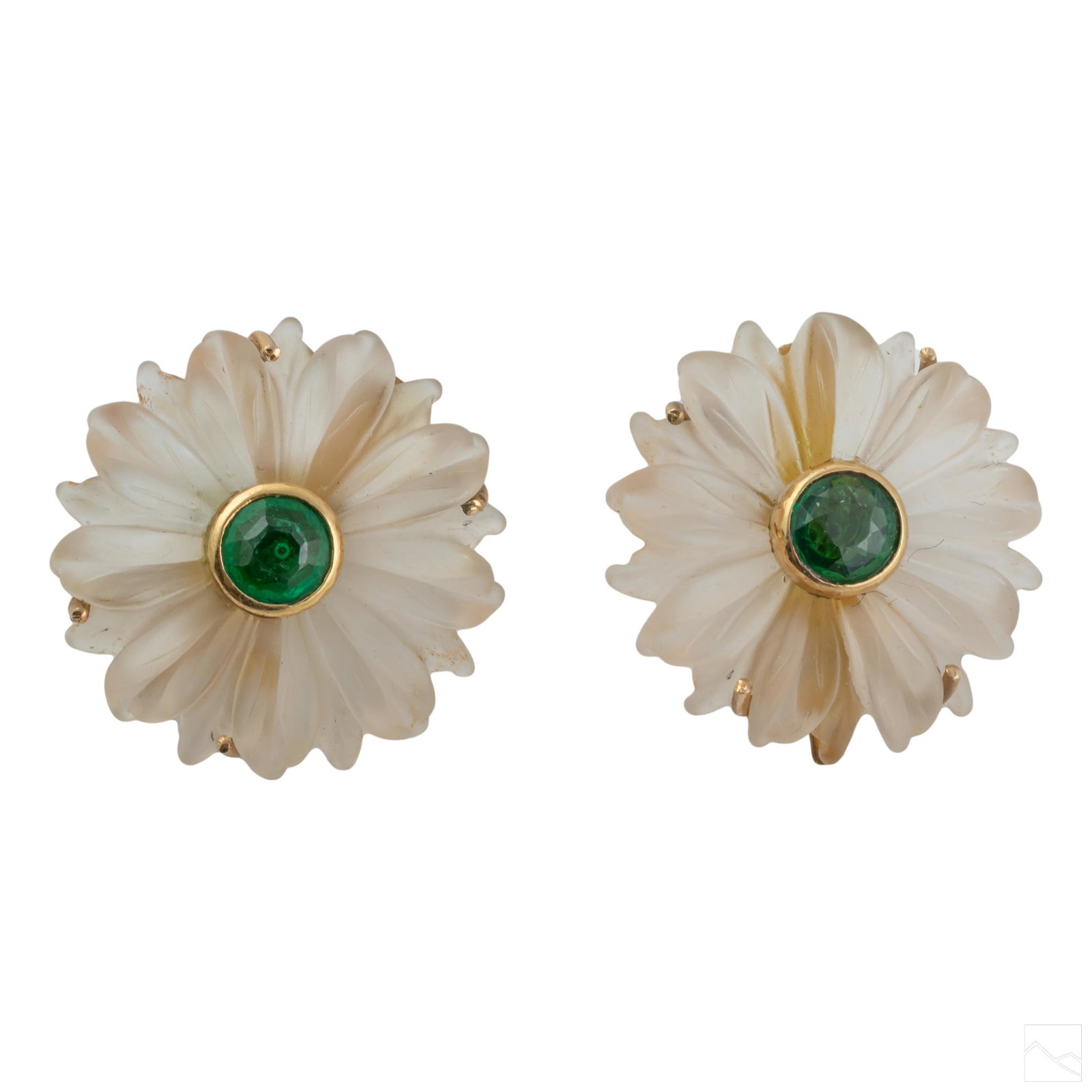 14K Gold Emerald and Frosted Glass Floral Earrings: Features a daisy flower motif in frosted glass, with a round green emerald glass accent at the center. Measuring approximately 6.5mm in diameter. Clip mechanism is fully-functional and snaps closed pe