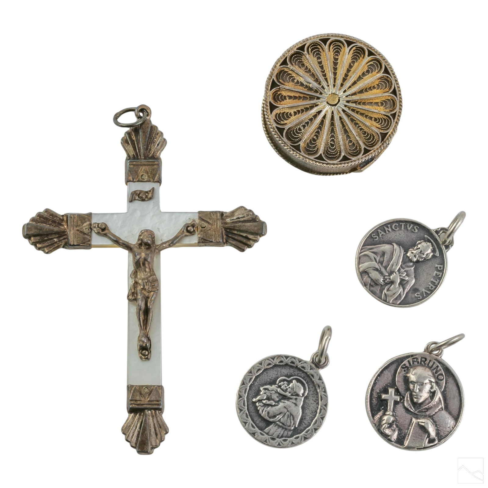 Sterling Silver MOP Saint Pendants Rosary Crucifix: Features a silver filigree pocket rosary, silver and mother of pearl crucifix, and (3) silver pendant medals featuring Joseph and the infant Jesus, Saint Peter, and Saint Bruno of Cologne. Every piece