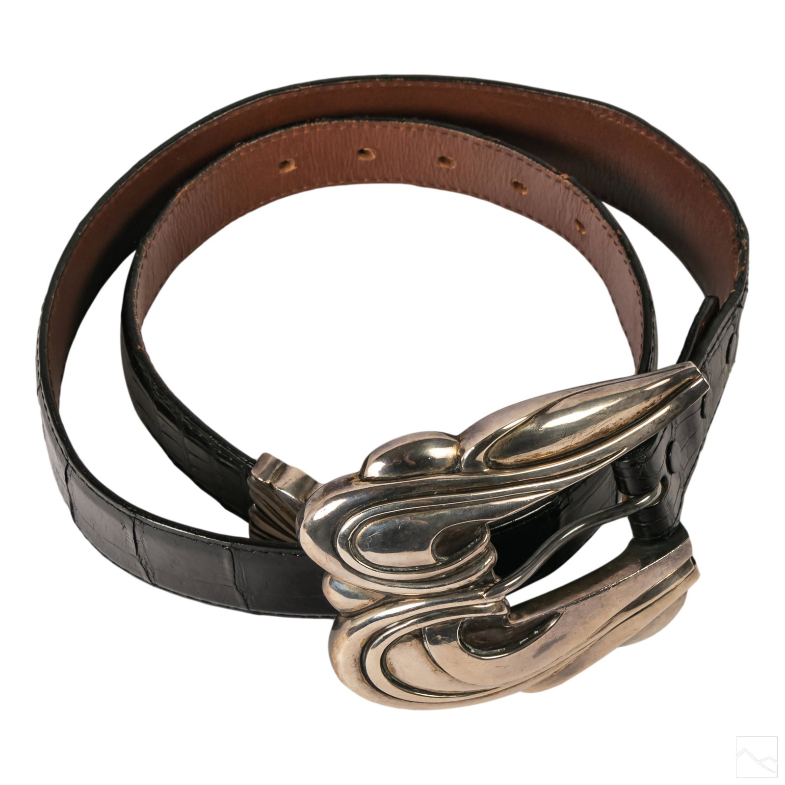 Kieselstein Cord Sterling Silver Buckle, Skin Belt: Kieselstein Cord sterling silver belt buckle. Up to size 33. Black alligator skin belt. Buckle signed and dated 1988. Total weight is 274.1 grams. SHIPPING Hill Auction Gallery will offer in-house con