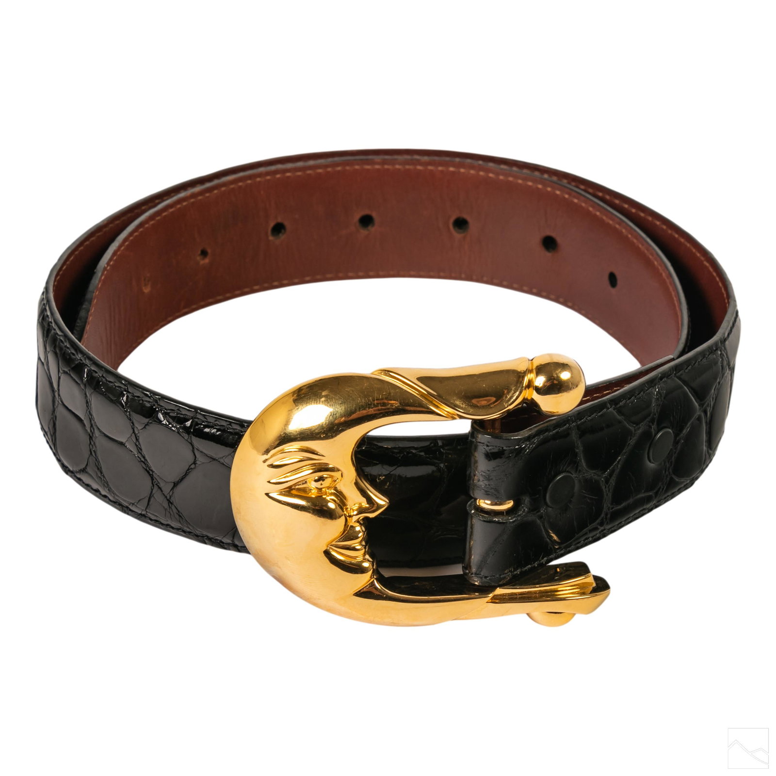 Kieselstein Cord Crescent Moon Buckle & Black Belt: Kieselstein Cord gold tone belt buckle with crescent moon motif. Genuine American black alligator skin belt. #B0117. Up to size 30. Buckle signed and dated 1988. SHIPPING Hill Auction Gallery will off