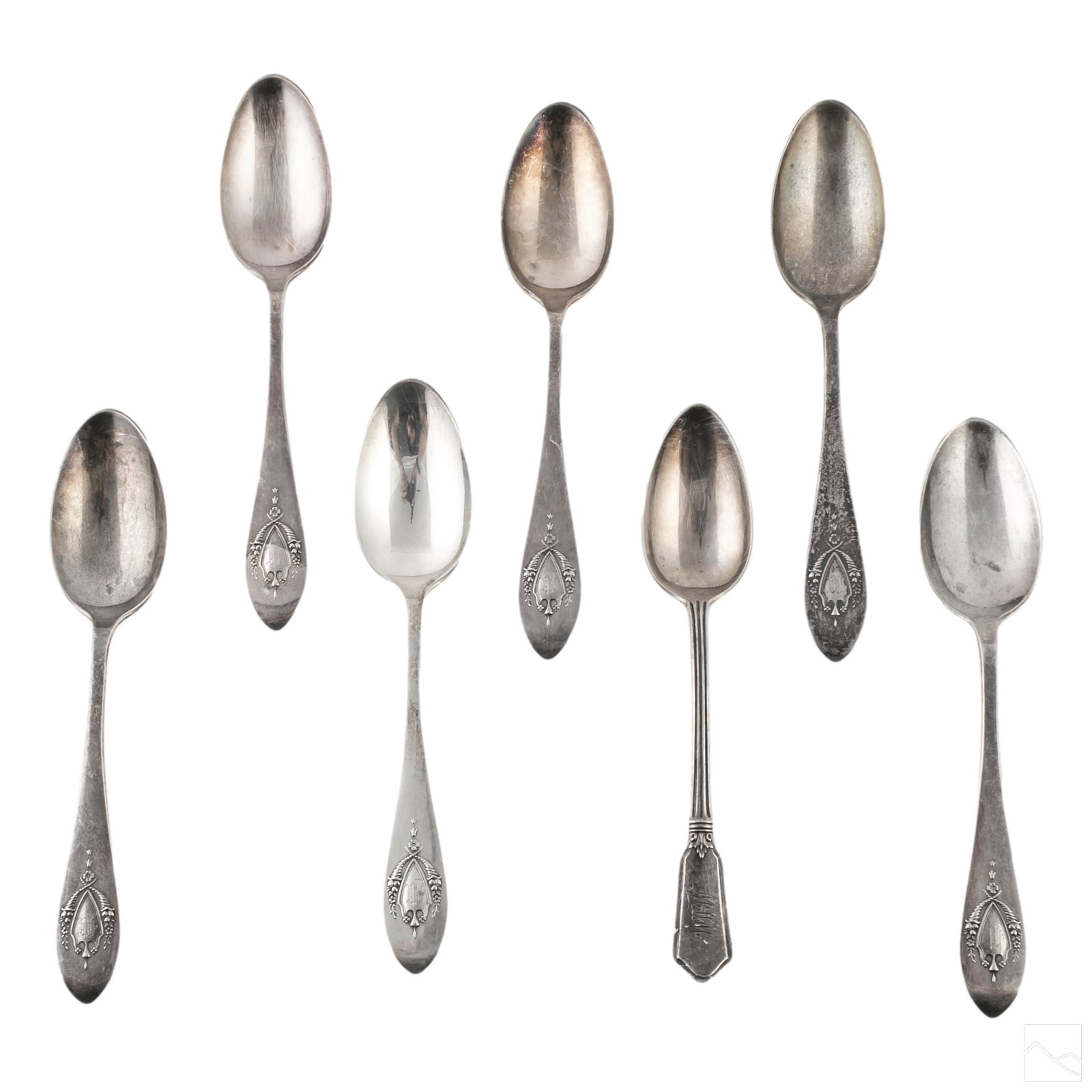 Edwardian English Sterling Silver Teaspoons 138g: Lot includes 7 sterling silver teaspoons with Edwardian cornucopia flanked chest with engraved initial 'M". Back in teaspoons engraved with numbers 10-13. Also included is a single Alvin sterling silv
