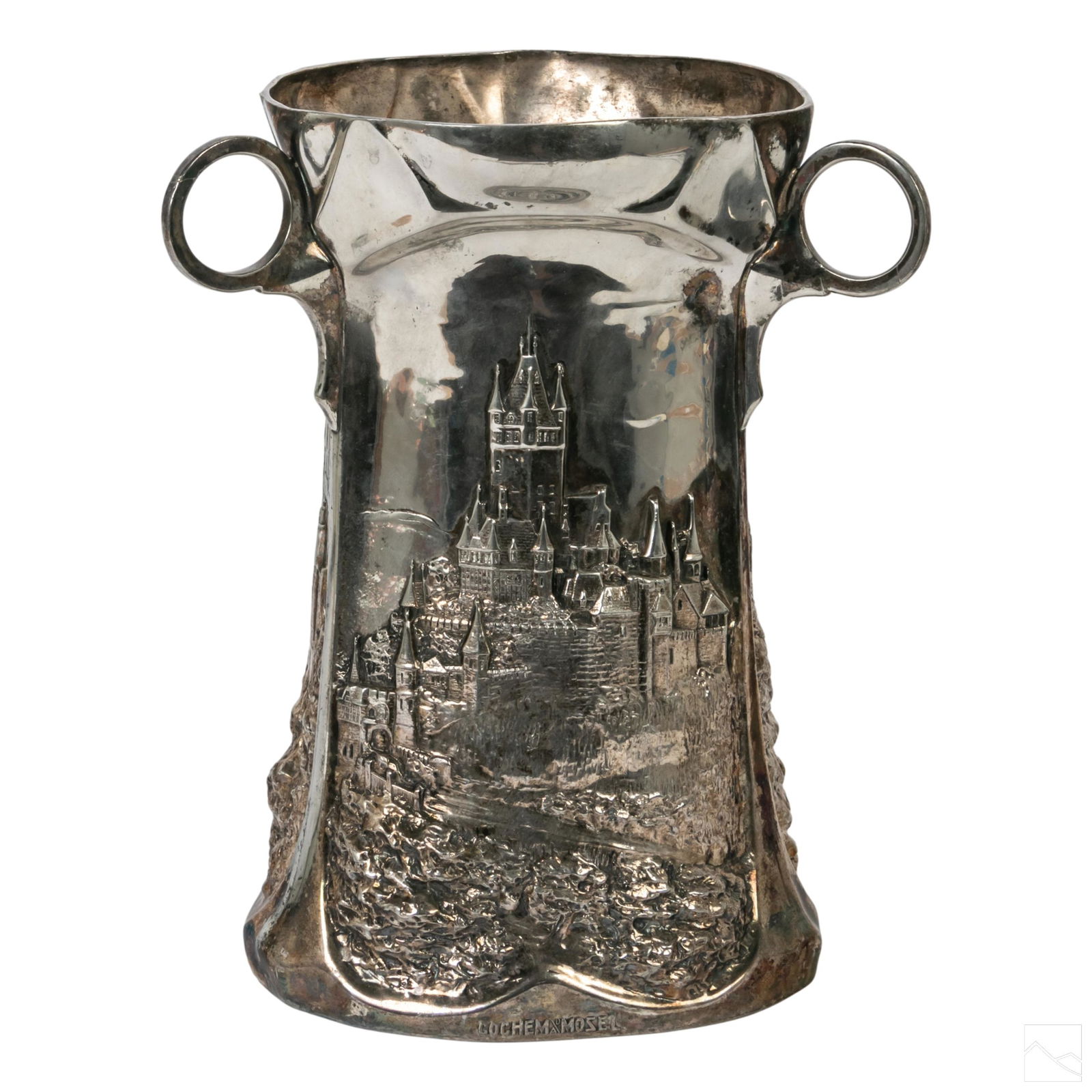 WMF German Antique Silver Plate Castle Wine Cooler: German WMF (Wurttembergische Metallwarenfabrik) Art Nouveau silver plated three side wine bottle, ice cooler, vase. Features three detailed high relief landscape scenes with German castles "Eltz, Coch