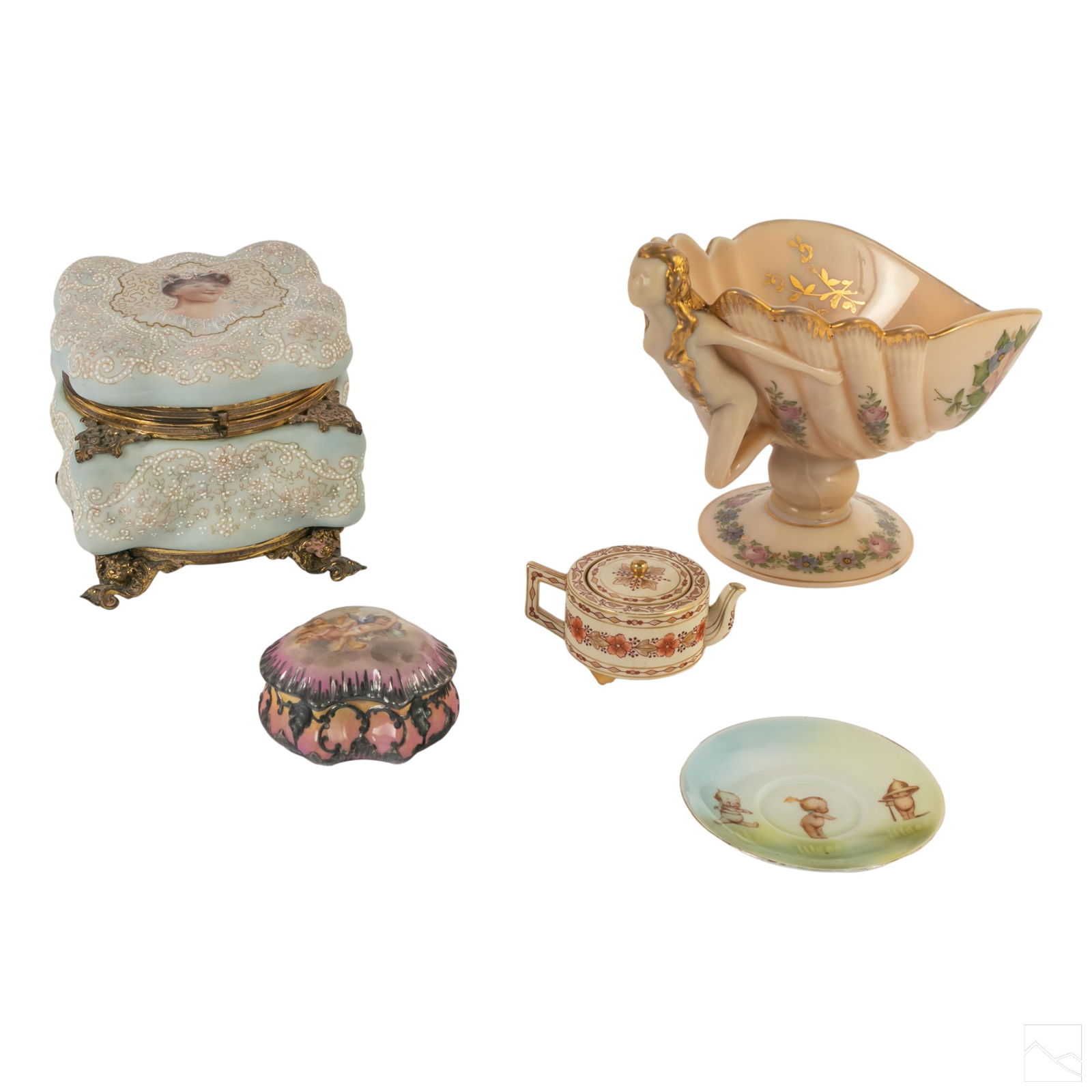 French, Prussian, Japanese Antique Porcelain LOT: Estate collection Includes one: lidded antique Art Nouveau C.F. Monroe Co. Wave Crest opalware glass Wave Crest hinged portrait vanity or jewelry box with brass trim (including vintage paper advertise