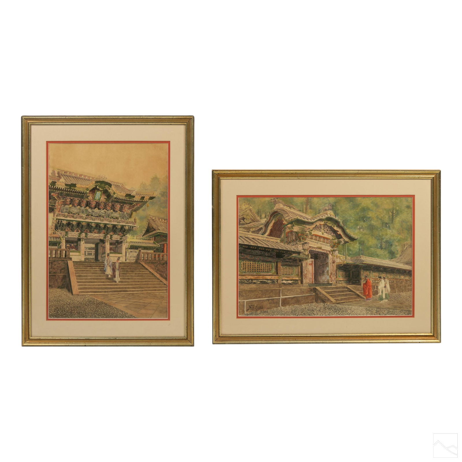 Japanese Signed Modern Temple Watercolor Paintings (1 of 8)