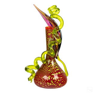 Dale Chihuly b.1941 Venetian Coil Art Glass Vase: Dale Chihuly (American, born 1941). Venetian 1993 studio art glass vase sculpture. Features iridescent spitfire red and gold fleck piccolo body, and with green coils. Signed and dated on side.