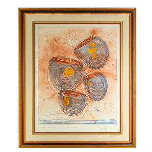 Dale Chihuly b.1941 L/E Colored Engraving SIGNED: Dale Chihuly (Born 1941, Washington / American) Limited edition colored engraving or etching print. Titled "Soft Cylinder" depicts designs of four blown glass vessels. Artist signature in pencil