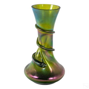 Loetz Style Creta Rusticana Iridescent Snake Vase: Loetz Style iridescent art glass vase, of emerald green color. In dimpled/shaped form on a spreading base, entwined at the neck with an applied serpent decoration. Unsigned, possibly Loetz or Rindskop