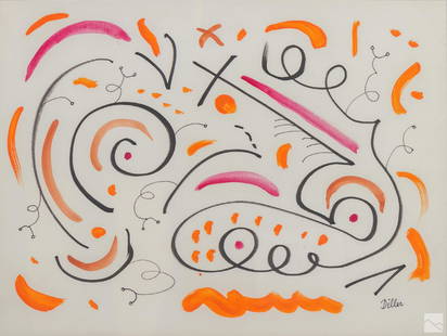 Phyllis Diller 1917-2012 Modern Abstract Painting: Phyllis Diller (American, 1917-2012). Original mixed media painting. Titled "Rambling Thoughts." Depicts an abstract composition of swirls and designs in pink,orange and black. Artist signature lower