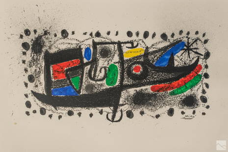 Joan Miro (1893-1983) Catalonia Lithograph c.1970: Vintage Litho art print in colors on Arches wove paper after Joan Miro (1893-1983 Spain). Titled, "Joan Miro and Catalonia" circa 1970. Artist signature in the plate lower right. Sold unframed. Paper