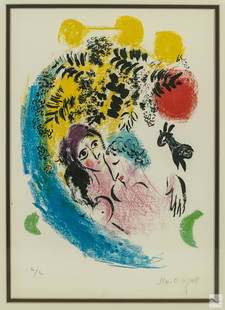 Marc Chagall (1887-1985) Les Amoureux Litho SIGNED: Marc Chagall (French Russian, 1887-1985). Lithograph in colors, titled "Les Amoureux Au Soleil Rouge" (Lovers In The Red Sun). Produced circa 1960. Artist signature in pencil, lower right, limited