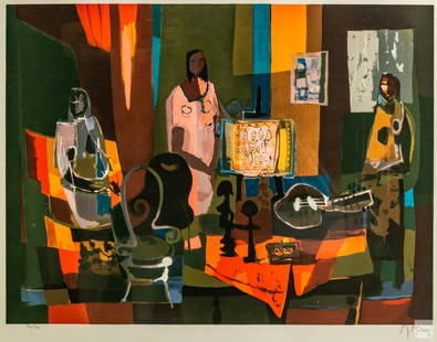 Marcel Mouly 1918-2008 Modern Signed LE Lithograph: Marcel Mouly (French, 1918-2008). Limited Edition figural lithograph on paper. An interior scene with figures, art, and musical instruments. Artist pencil signature lower right, limited edition