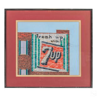 7 Up Gouache Painting attributed to Jack Burgess: 20th Century gouache architectural advertising watercolor gouache painting, attributed to Jack Burgess (American, 20th Century). Depicts 7 Up soda pop advertising on the side of a brick building. No