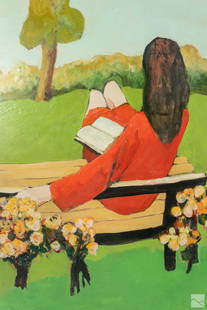 Benny Andrews 1930-2006 Figural Park Oil Painting: Benny Andrews (1930-2006). Original oil painting on board. Titled, "Girl in the Park," depicting a young girl on a park bench, reading a book. Artist signature on recto upper left, titled and dated