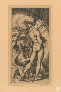 Paul Cadmus (1904-1999) Modern Nude Etching SIGNED: Paul Cadmus ( American, 1904-1999). Male nude etching. Titled "Horse Play" depicting the back side of a naked man posing in a locker room. Artist pencil signature lower right and dated 1939. Work