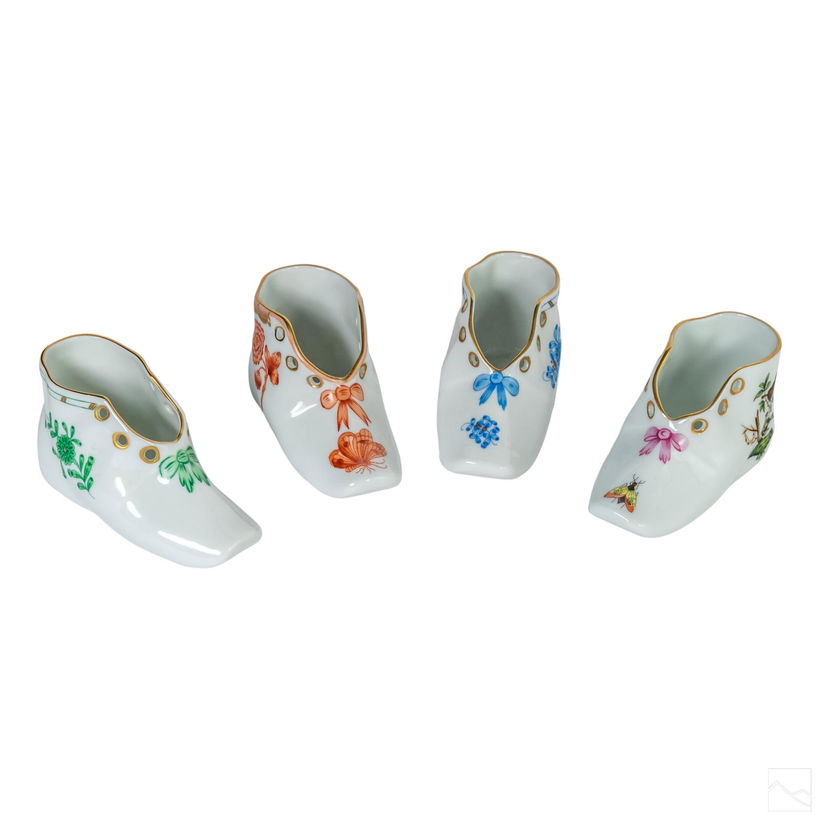 Herend Hungarian Porcelain Baby Shoe Figurines LOT: Four hand painted Herend Hungarian porcelain baby shoes. Lot includes; Chinese Bouquet Green; Rothschild Bird; Chinese Bouquet Rust; and Chinese Bouquet Blue. All hand signed to bottom. SHIPPING Hill 