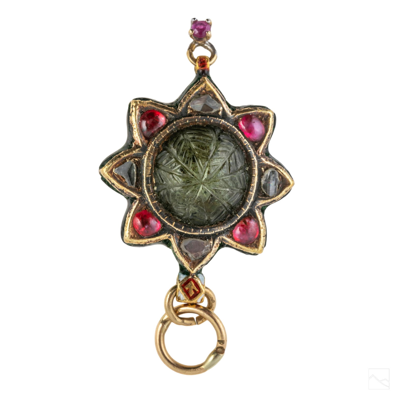 18K Gold Ruby Diamond & Tourmaline Mughal Pendant (1 of 3)