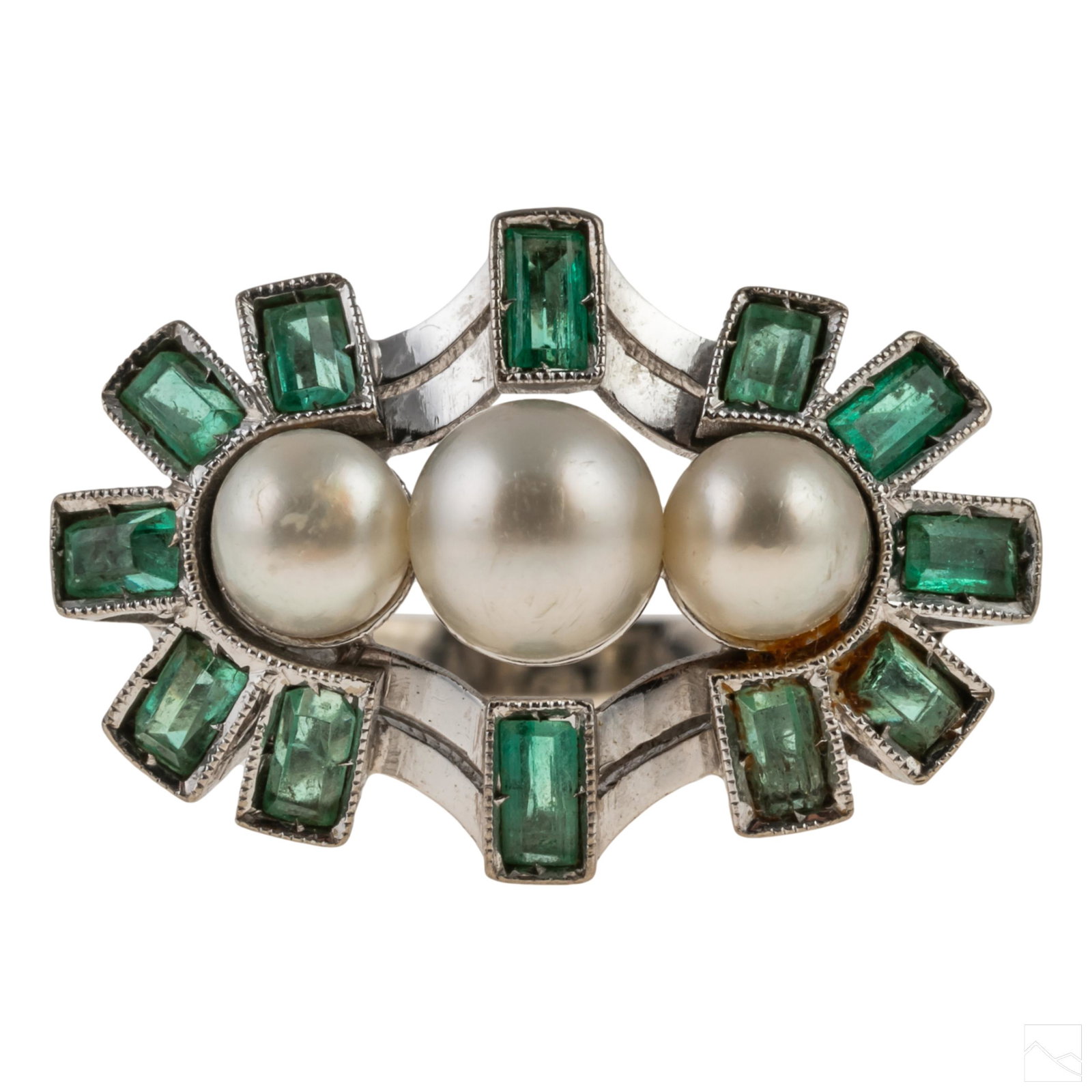 Fine 18K White Gold Retro Emerald & Pearl Ring 6g (1 of 7)