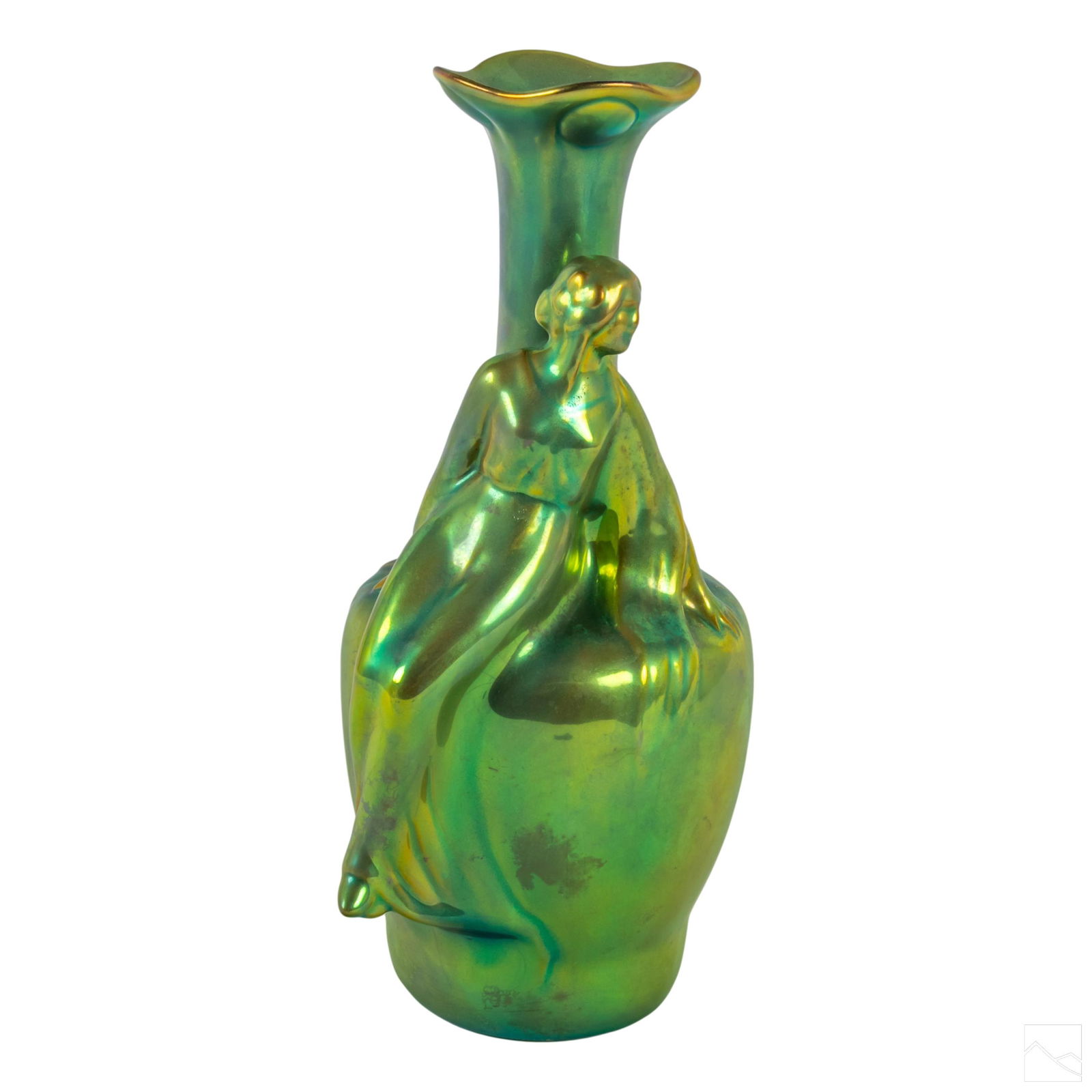Zsolnay Art Nouveau Green Eosin Nude Figural Vase: Hungarian iridescent green gold eosin figurine by Zsolnay. Features a seated nude woman decorating the body. Zsolnay mark on base. SHIPPINGHill Auction Gallery will offer in-house continental USA ship