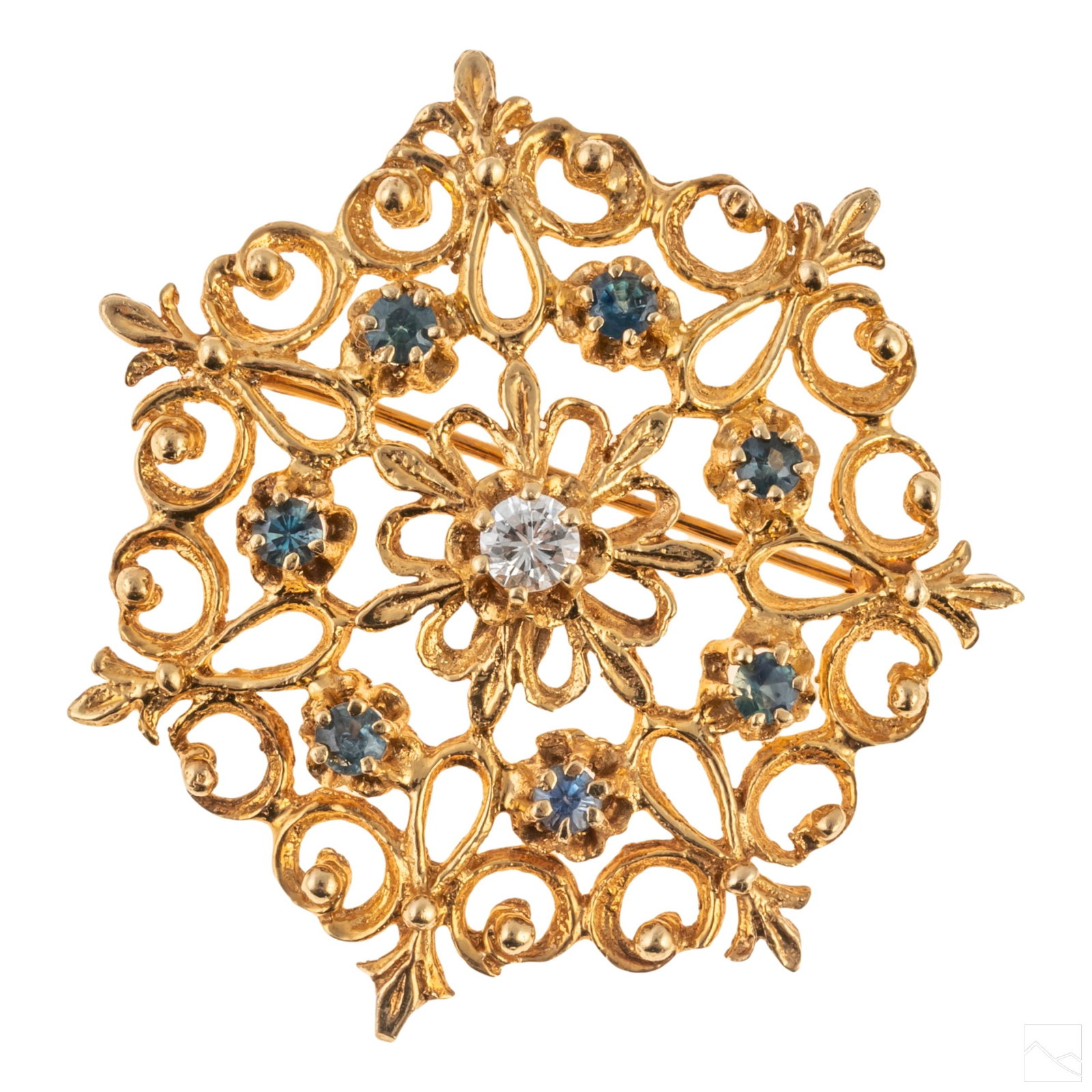 14K Gold Antique Diamond Sapphire Pin Brooch 9.2g (1 of 4)