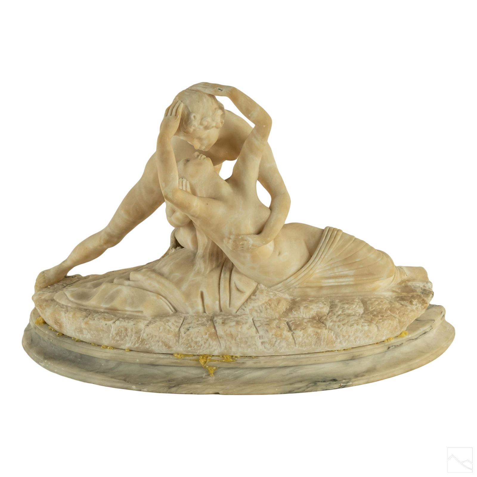 Victorian Antique Alabaster Nude Lovers Sculpture: Antique hand carved cream alabaster. Depicting embracing lovers with male and female nude figures. Mounted to a demilune base. No apparent signature. SHIPPINGHill Auction Gallery will not ship. Galler