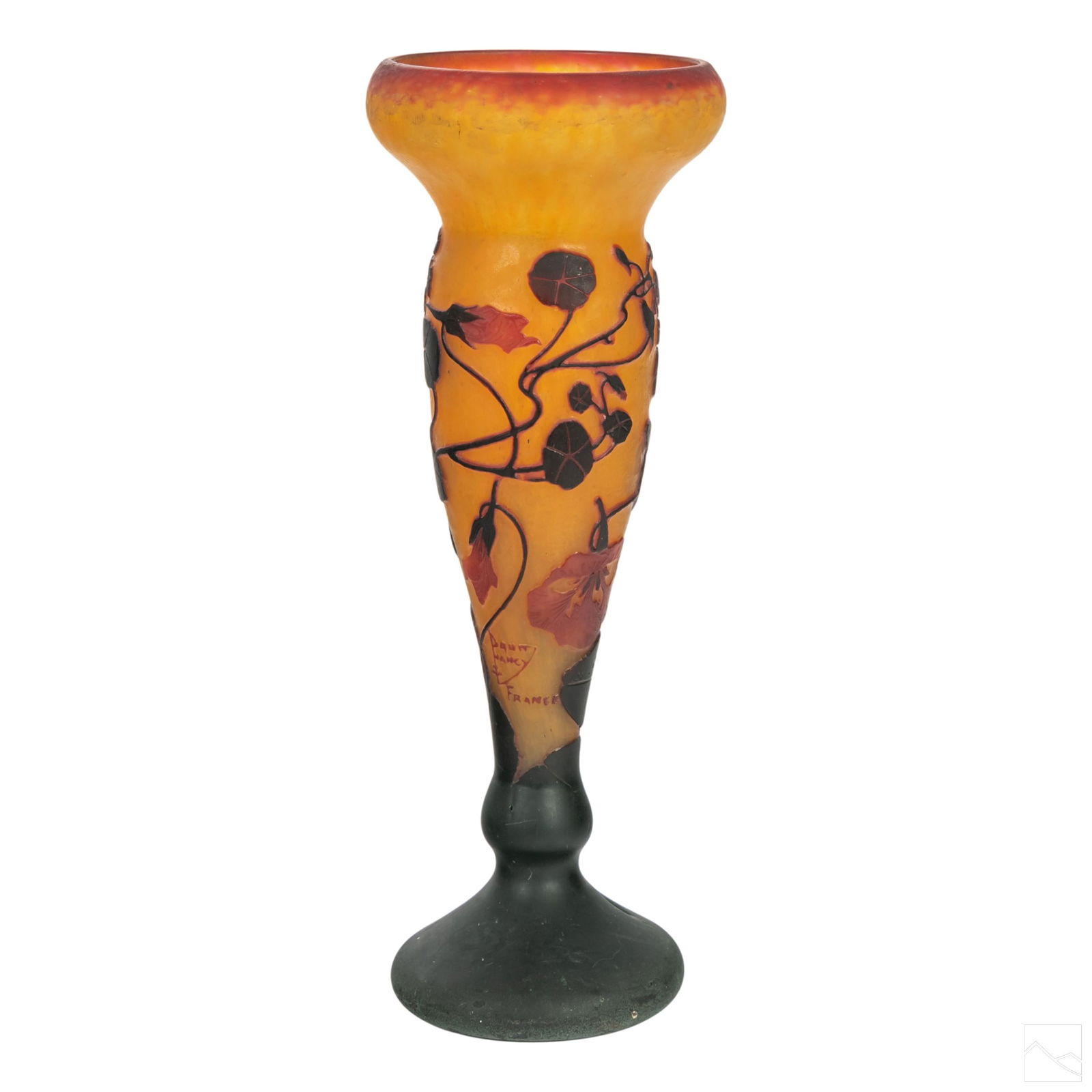 Daum French Art Nouveau Style Cameo Glass 13" Vase: Art Nouveau style French cameo glass fluted vase. Features a light orange frosted glass base, with raised orange to blood red flower design. Bears Daum signature at lower side of vase. SHIPPINGHill Au