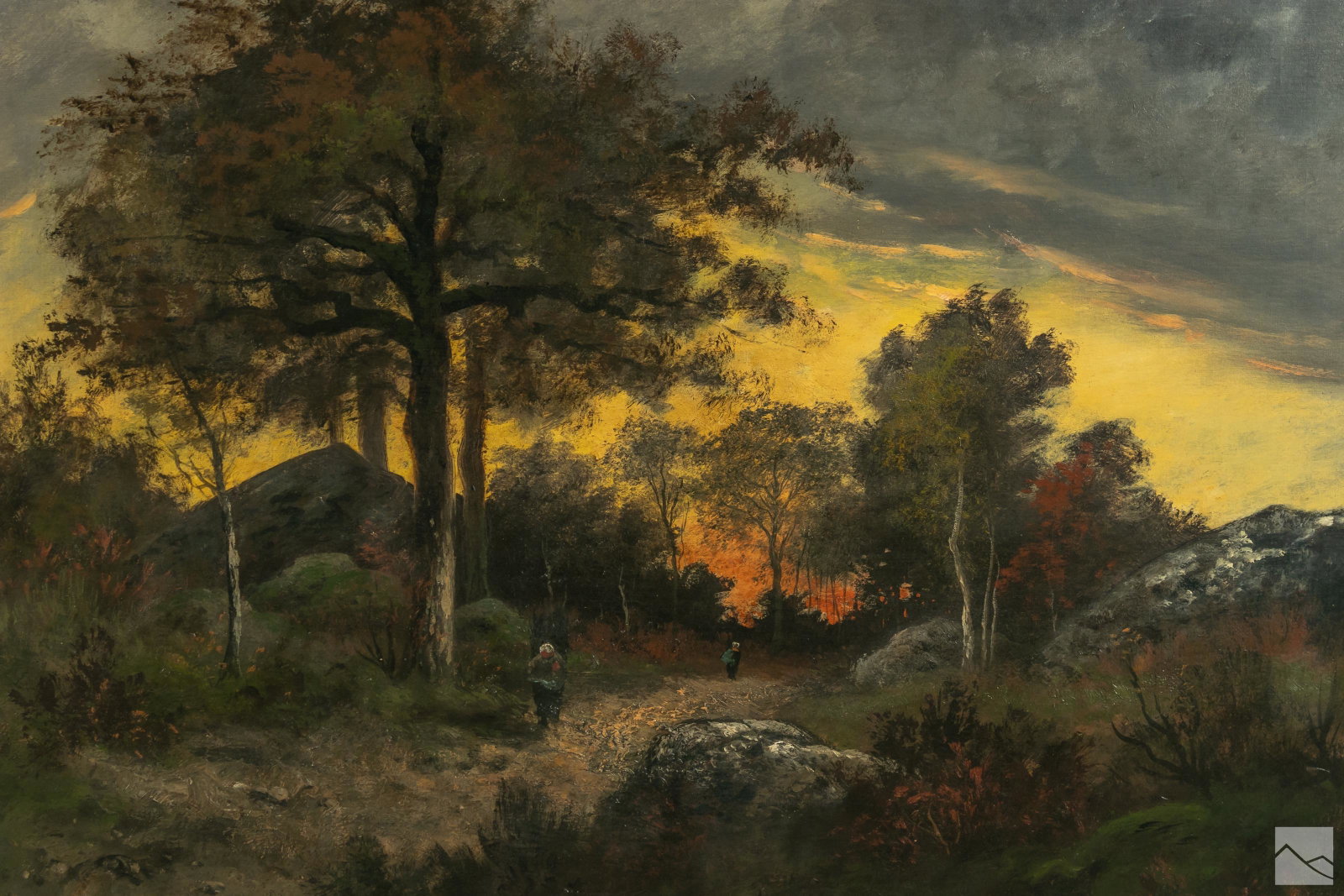 Maurice Crozet (1895-1978) Landscape Oil Painting: Maurice Crozet (Swiss,1895-1978). Original antique oil painting on canvas. Depicting a cloud filled sky and European landscape with foraging figures. Artist signature lower left corner. Bears plaque w
