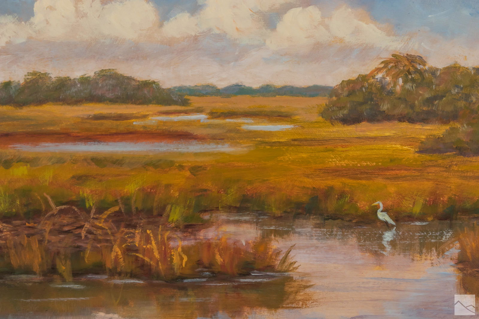 Ann Bobsy Simes 1927-2016 Florida Wetland Painting: Ann Dorothy (Bobsy) Simes (American, 1927-2016) Oil painting on board. Depicts a wetlands landscape with white water egret. Titled "Low Country Marsh". In the style of Florida Highwaymen. Artist signa