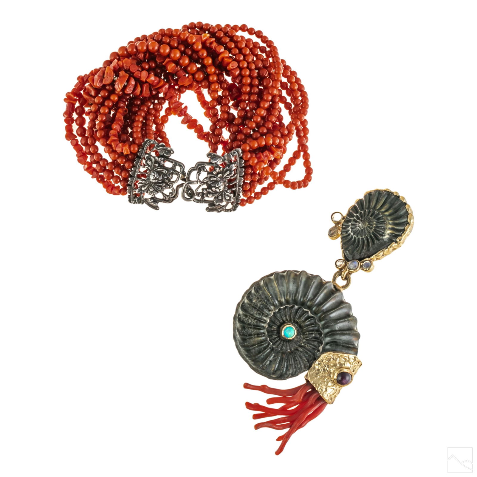 Sterling Coral Bracelet & 14K Gold Fossil Pendant (1 of 5)