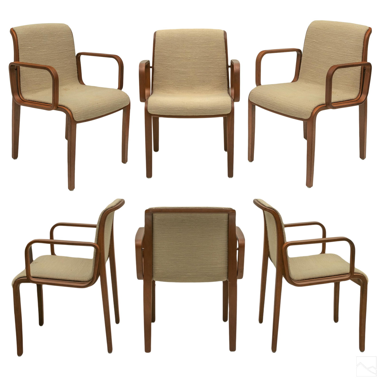 Bill Stephens for Knoll Bentwood Arm Chairs SET 6: Set of six KNOLL chairs designed by Bill Stephens. Bentwood armchairs has a sleek sculpted profile and original brown and tan tweed upholstery with a wood frame. Each chair with original label. SHIPPI