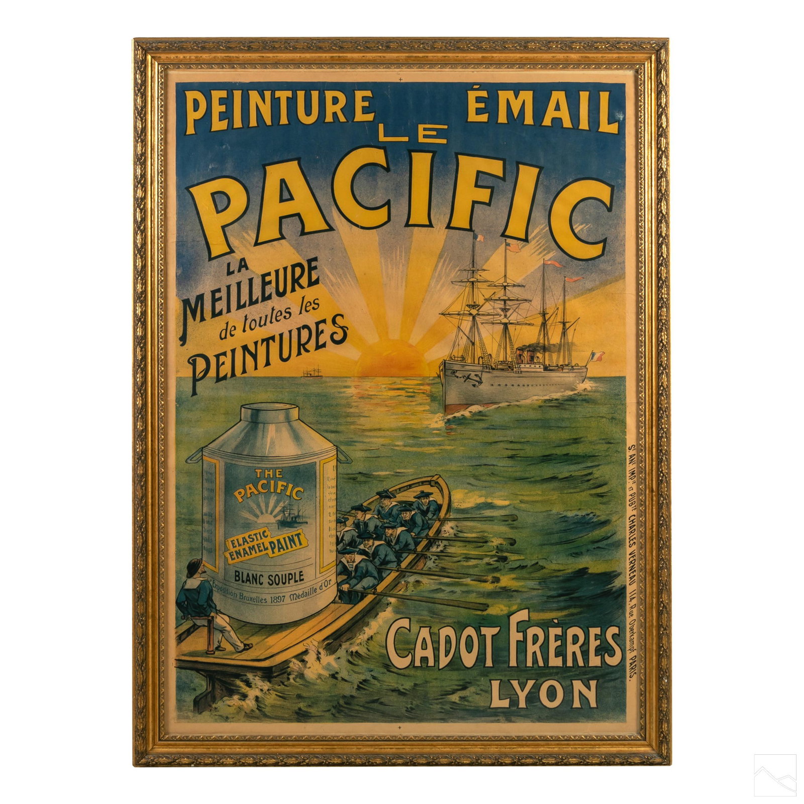 Art Deco Pacific French Paint Advertising Poster: Vintage Le Pacific Peinture Email ("enamel paint") advertising poster. Features seascape scene with a boat carrying a container of Le Pacific enamel paint to sea. Housed in gold gilt frame. Work Size: