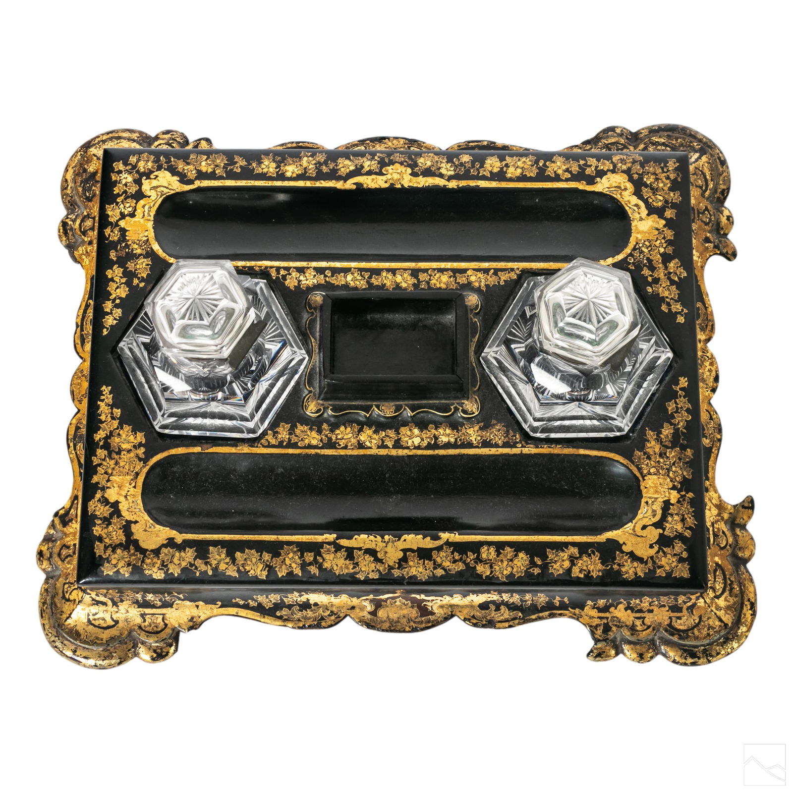 Victorian Gold Gilt & Black Lacquer Double Inkwell (1 of 4)