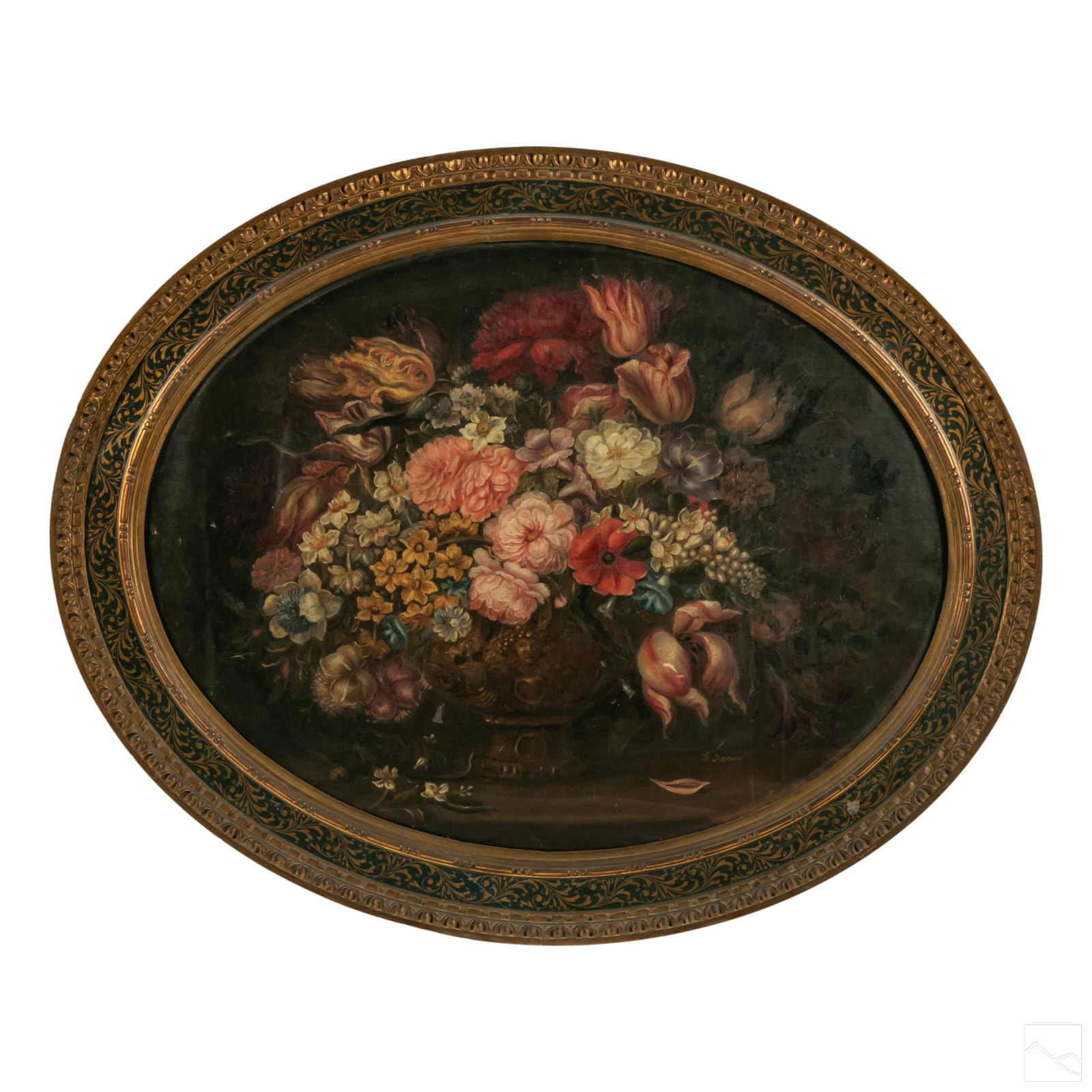 Florentine Italian Antique Still Life Oil Painting: Antique Italian still life oil painting on canvas. Depicting flower arrangement in an ornate vase. Housed in a hand painted antique gilt frame. Mystery artist signature to lower right. Signed to verso