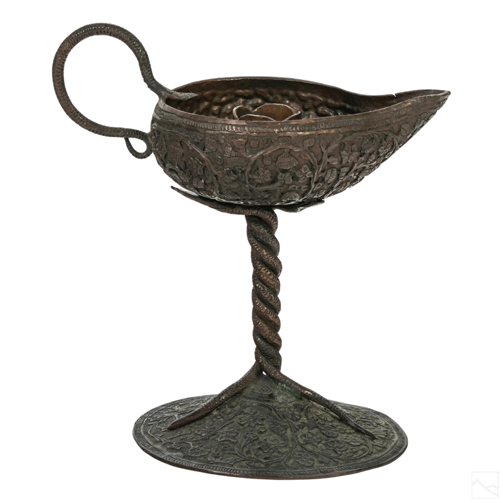 Indo Persian Antique Primitive Bronze Candlestick: Old Persian style bronze candlestick. Features elaborate bronze construction with hand etched flowers decorating the exterior of the piece, and three snakes twisting to form the stem, connecting the b