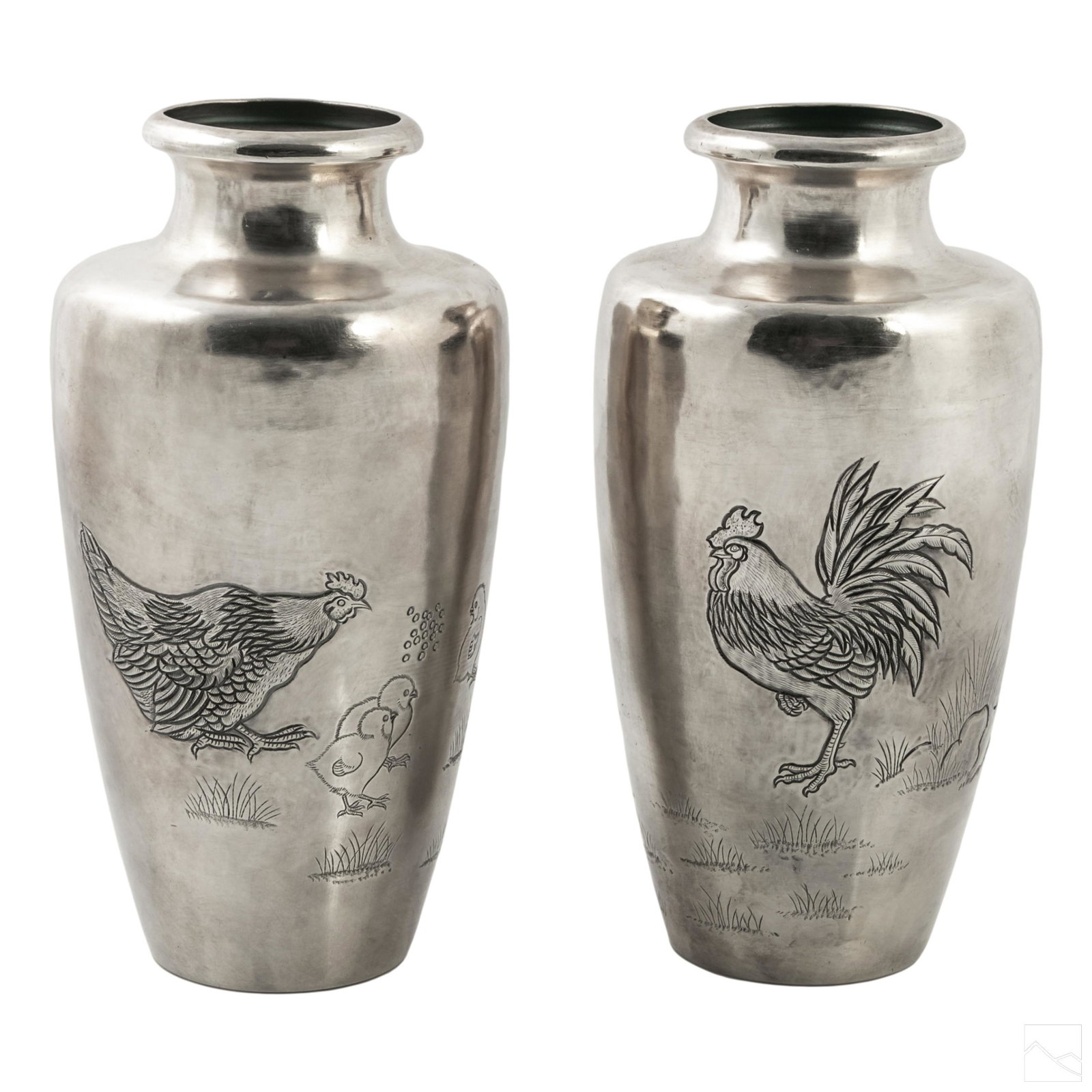 Chinese Modern Silver Relief Roosters Vases 720g. (1 of 4)