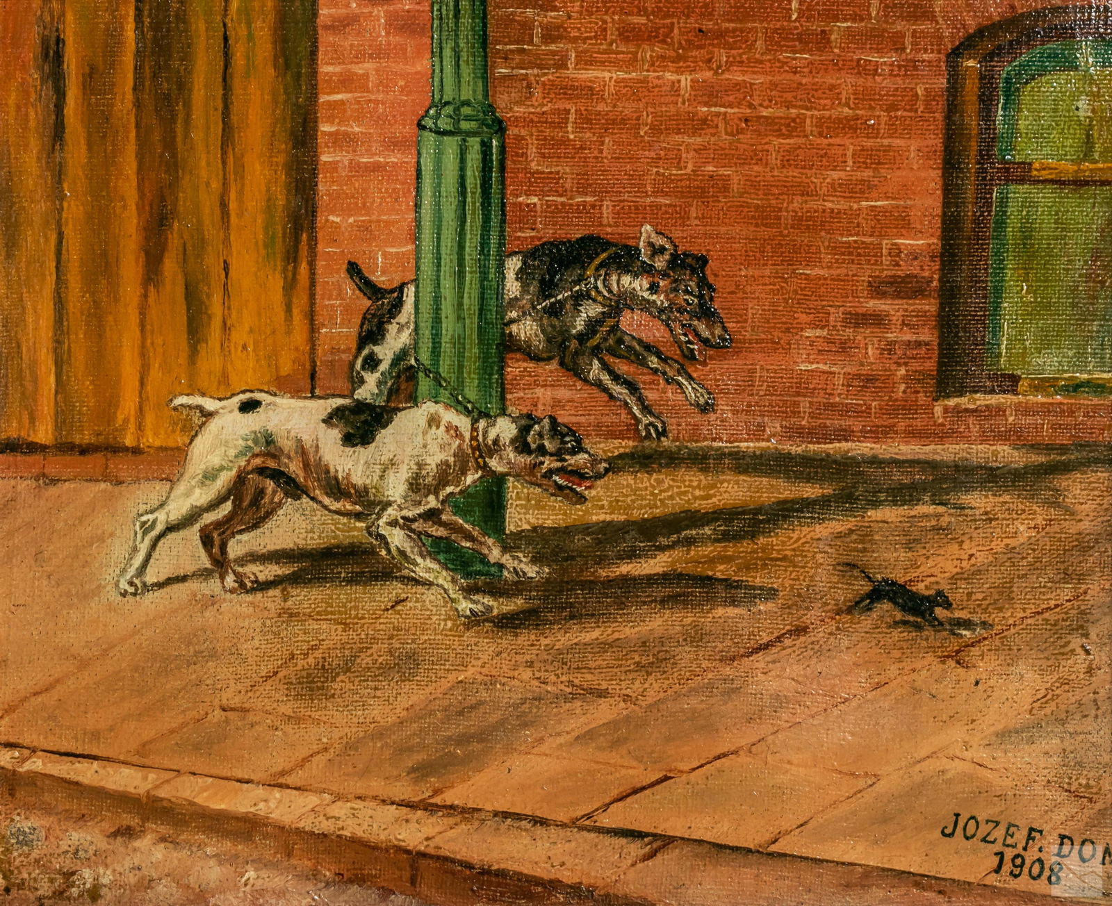 Jozef Dom Figural Dogs & Mouse Painting Dated 1908 (1 of 4)