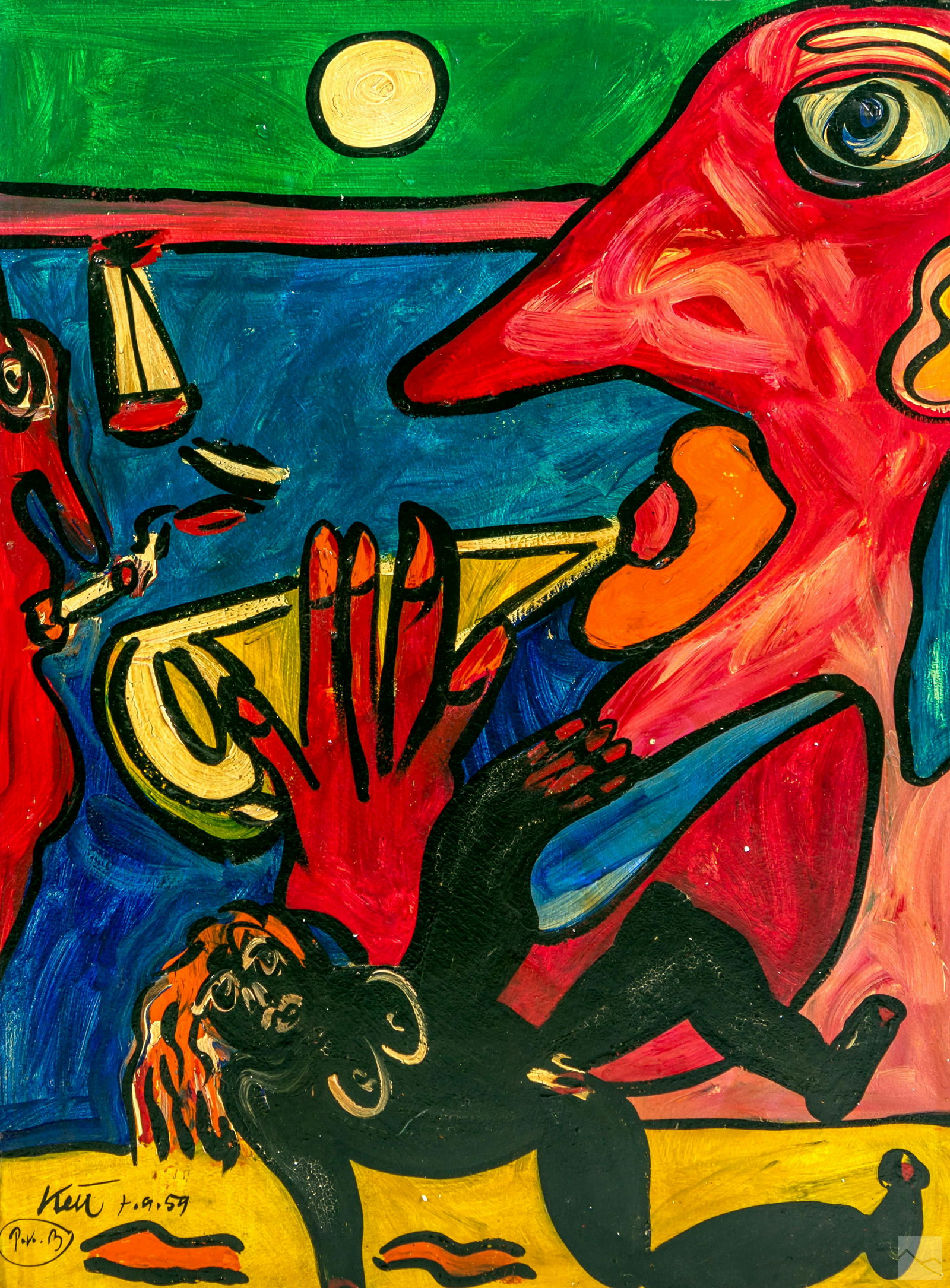 Peter Keil (b.1942) Neo Expressionism Oil Painting: Peter Keil (German, born 1942). Original Neo Expressionist oil painting on board. An abstract portrait of a man drinking, a man smoking and a nude woman posing on the sand. Artist signature and dated