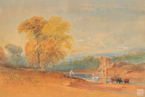 William L Leitch (1804-1883) Landscape WC Painting: William Leighton Leitch (Scottish, 1804-1883). Original watercolor painting. Titled "Cattle Before A Castle, 1859." A landscape scene with cows drinking from water with a beautiful mountain background