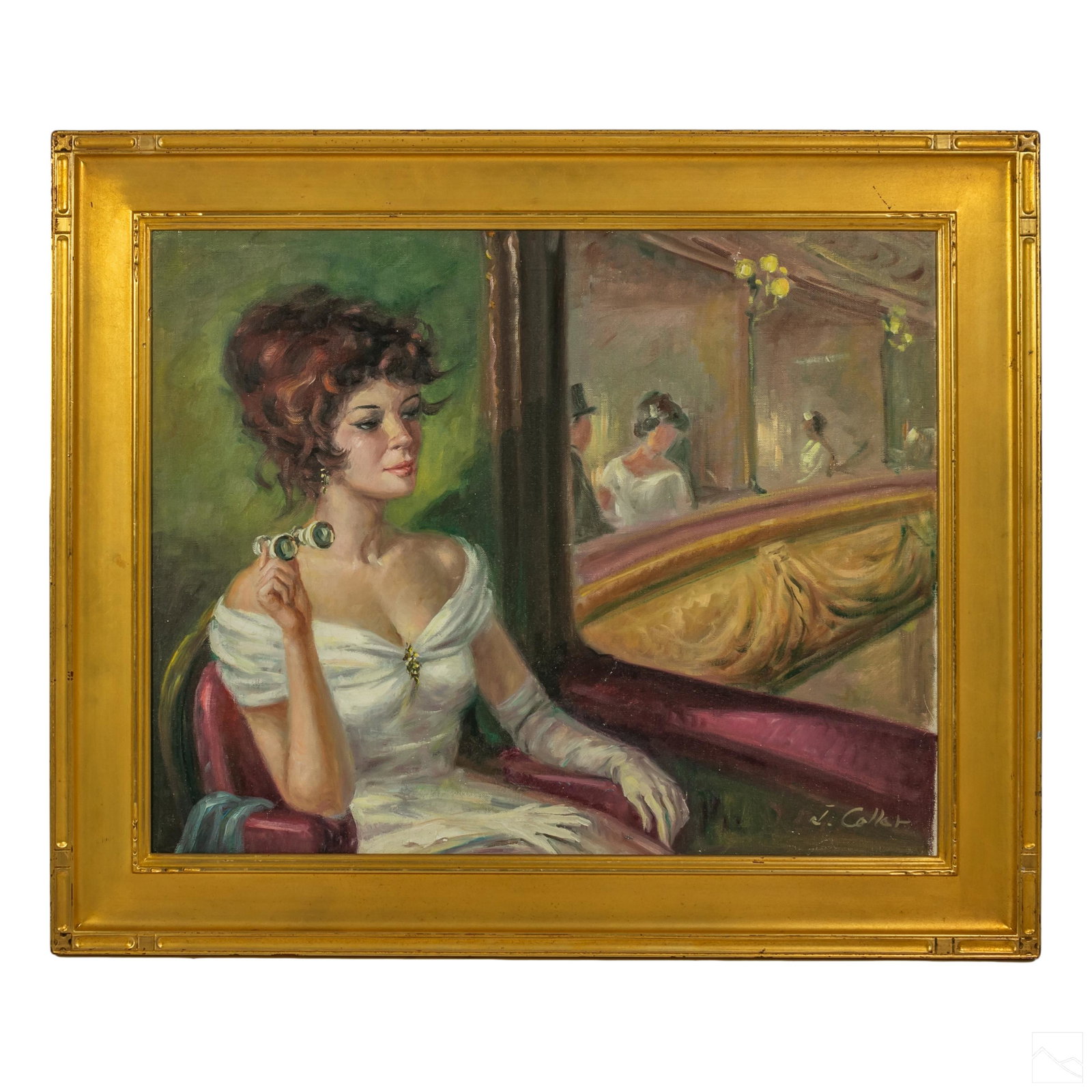 J Collar 20c French Woman At Theater Oil Painting: J Collar (French, 20th Century) Original oil painting on canvas. Depicting an elegant woman with opera glasses, looking over the balcony of a theater. Artist signature lower right. Housed in gilt wood