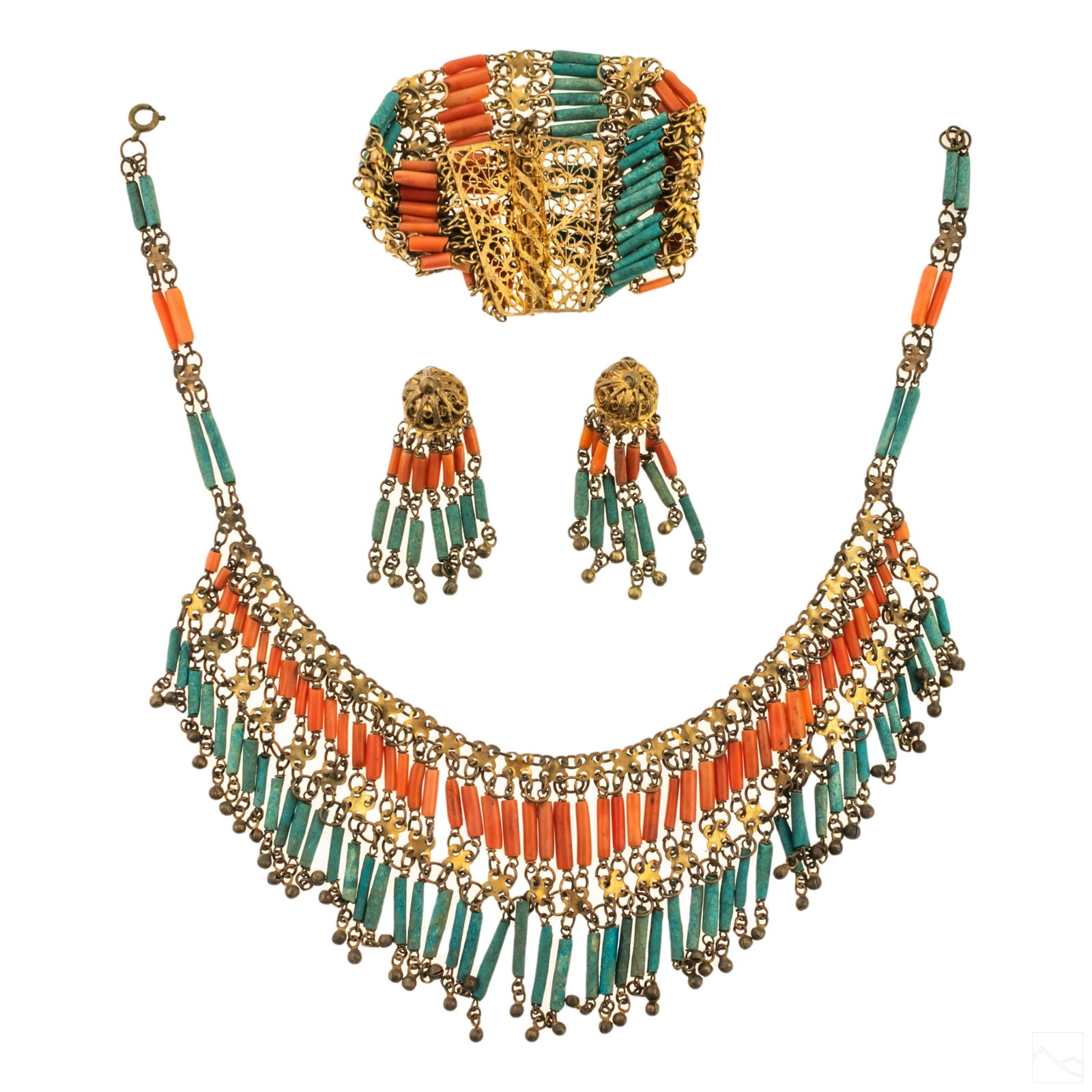 Italian Antique Necklace Earring Bracelet 3 Pc SET: Early 20th Century Italian gilt filigree necklace, earrings and bracelet set. With raw turquoise and salmon red coral tube beads. Earring measures approximately 5/8" with a 3" drop, necklace measures