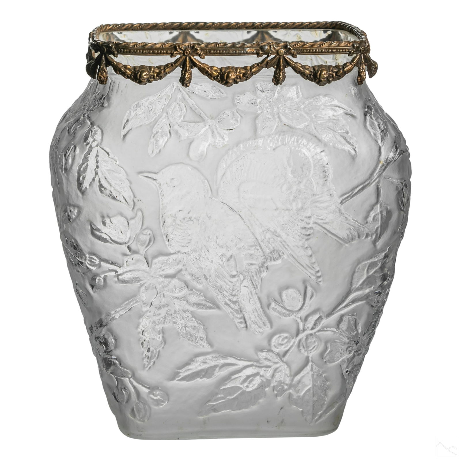 French Antique Mounted Figural Glass Wildlife Vase: French antique consolidated glass and metal mounted vase. Crafted fine clear to frosted glass body with raised bird and foliate design, topped by gilt metal mount featuring floral garland motif. No ap
