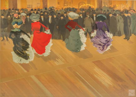 Louis Abel Truchet 1857-1918 French Art Lithograph: Louis Abel Truchet (French, 1857-1918). Litho print poster titled " Le Quadrille." Depicts dancing women from the late 19th century Belle Epoque and a group of men. Housed in a gold wood frame. Work S